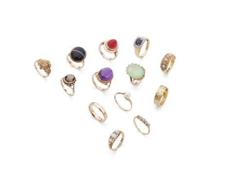  A collection of gem-set rings  Including an 18ct gold sapphire and diamond cluster ring, a 9ct gold cabochon amethyst ring; 
