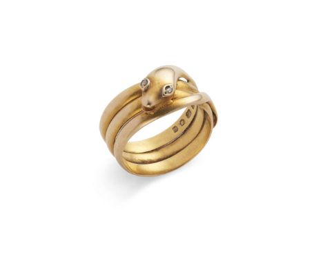  A 18ct gold diamond snake ring  Modelled as a coiled snake set with two rose-cut diamond eyes, UK hallmarks Ring size: Q/R  