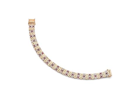  A 9ct gold ruby and diamond bracelet  Composed of rectangular links set with round brilliant-cut diamonds and rubies, betwee