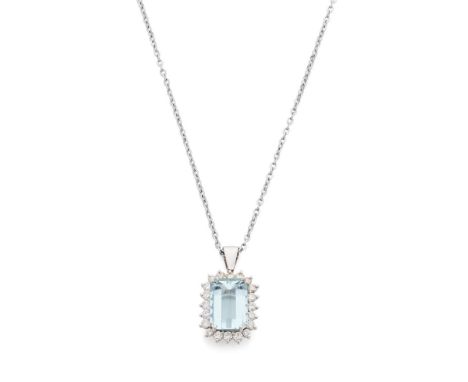  An aquamarine and diamond pendant necklace  Claw-set with a rectangular step-cut aquamarine in a border of small round brill