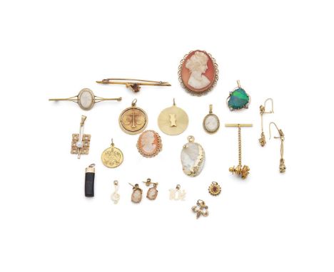  A collection of jewellery  Including a black opal triplet and diamond pendant, a nugget brooch and matching earrings; a matc