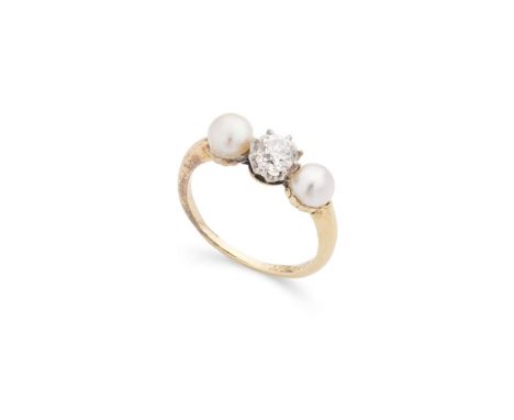  A pearl and diamond thee-stone ring  Claw-set with an old cushion-cut diamond and two (untested) pearls, plain band, unmarke
