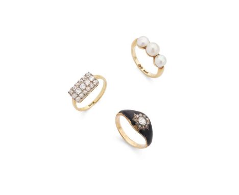  Three diamond and/or pearl rings  The first set with three (untested) bouton pearls, plain band, stamped 18ct; together with