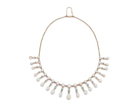  An opal and emerald fringe necklace  Composed of graduated circular opal cabochons, each suspending a square step-cut emeral
