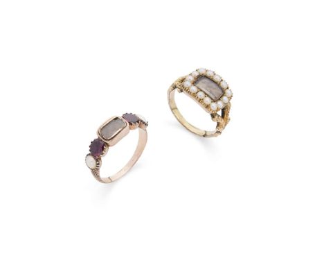  Two Georgian mourning rings  The first with glazed panel in a border of halved-pearls, split shoulders, unmarked; the second