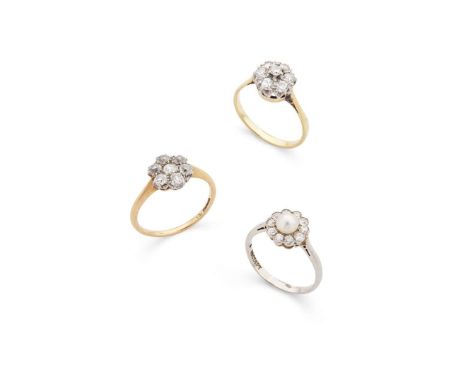  Three diamond and/or pearl cluster rings  Including two old round-cut diamond cluster rings, plain bands, one stamped 18ct; 