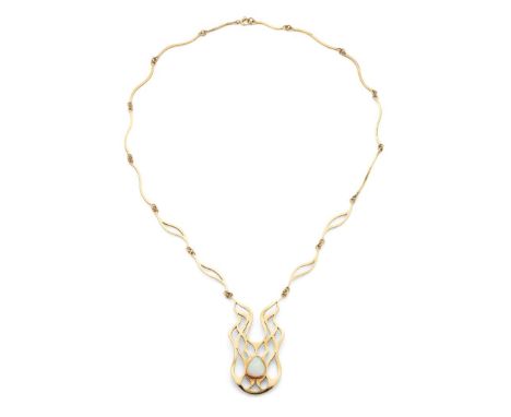 An 18ct gold opal necklace Of stylised open scrolling form, the pendant collet-set with a pear-shaped cabochon opal, curved-l