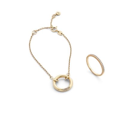  A diamond bracelet and half-eternity ring  The 18ct gold bracelet composed of a trace-link chain, centering on a circular-li