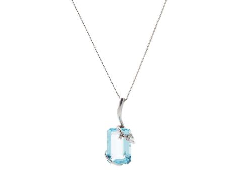  A blue topaz and diamond pendant necklace  Claw-set with a rectangular step-cut blue topaz, with applied small round brillia