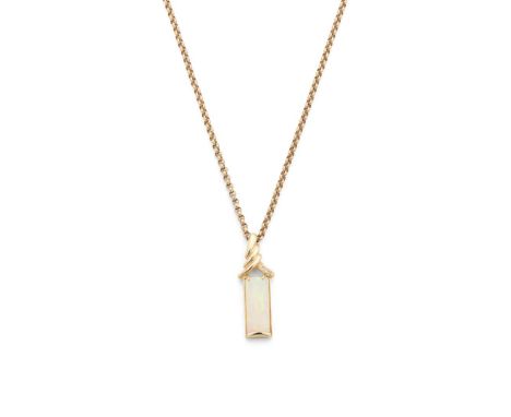  A 14ct gold opal and diamond pendant necklace  Collet-set with a rectangular cabochon opal, with eight-cut diamond detail; 9
