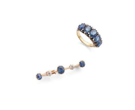  A sapphire and diamond bar brooch and sapphire ring  The bar brooch claw-set with three cushion-cut sapphires and two old ro