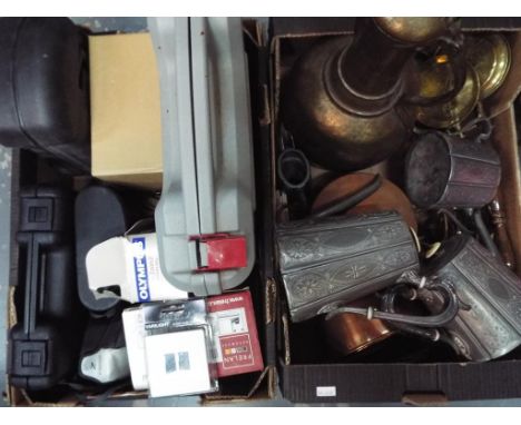 A good mixed lot to include a quantity of power tools comprising a hammer drill, jigsaw and similar, Olympus camera, Minolta 