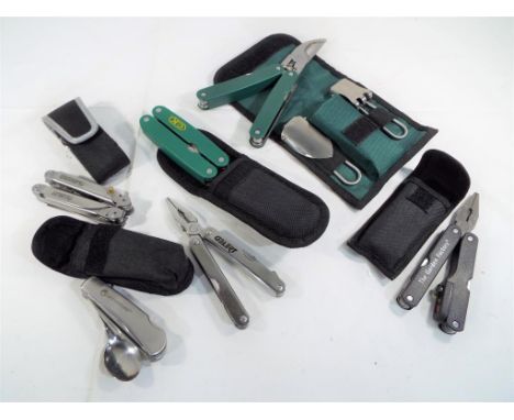 A collection of 6 handy multi tools by various makers to include C.K., Gelert, Log lift Jonsered, Life Venture and the Garden