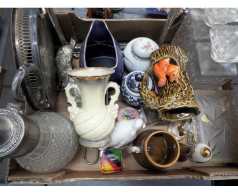 A good mixed lot to include 2 decanters, mixed ceramics to include Wade, Sylvac, Nao and similar, glass paperweights, metal w