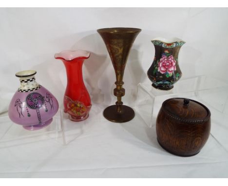 A good mixed lot to include a heavy brass trumpet vase, an oak tea caddy, a Shelley vase 13.5 cm (h) RD no. 684999, a world W