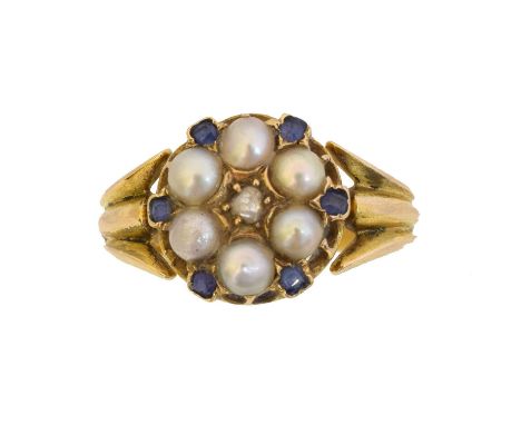 A late Victorian diamond pearl and sapphire cluster ring. The rose cut diamond within a split pearl and cushion shape sapphir