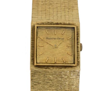 A 1970s 9ct gold Bueche Girod manual wind wristwatch. The signed square shape dial with baton markers, signed 17 jewel manual