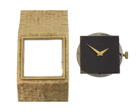 A 9ct gold Bueche Girod manual wind wristwatch. The signed square rectangular dial with tapered hands, signed 17 jewel manual