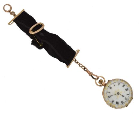 A 9ct gold fob watch. The white enamel dial with roman numeral markers and outer minutes track, hand wound movement within a 