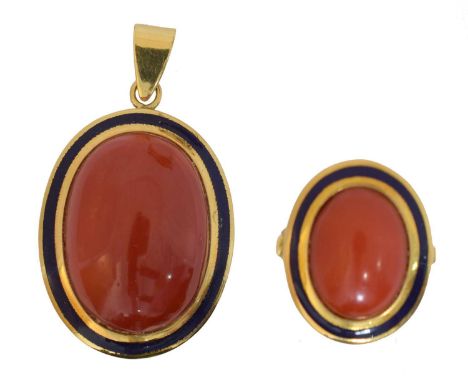 A set of coral and enamel jewellery. Comprising a pendant and a ring, each designed with an oval coral cabochon within a blue