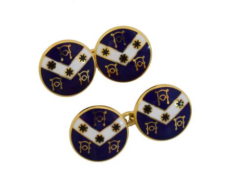A pair of 9ct gold enamel cufflinks. Equestrian interest - with the Worshipful Company of Loriners coat of arms enamel detail