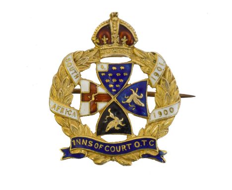 Boer War interest: A 9ct gold enamel regimental brooch. The vari shade enamel crest for the The Inns of Court Officers Traini