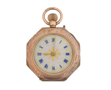 A 9ct gold open face fob watch. The white enamel dial with roman numeral markers, outer chapter ring and gilt details, hand w
