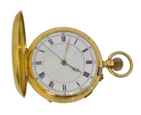 An 18ct gold full hunter pocket watch. With roman numeral markers and outer chapter ring, hand wound unsigned movement number
