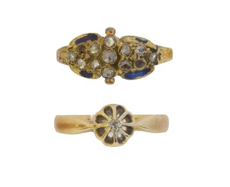 Two diamond dress rings. To include an early 19th century diamond and blue enamel dress ring (AF) together with an 18ct gold 