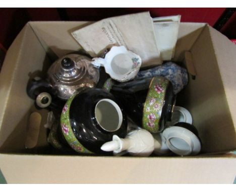 A box of misc including Coalport Countryware bowl and vinegar bottle, Aynsley, plated teapot etc. 