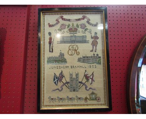 A circa 1953 coronation commemorative needlepoint tapestry. Framed and glazed 43cm x 28.5cm 