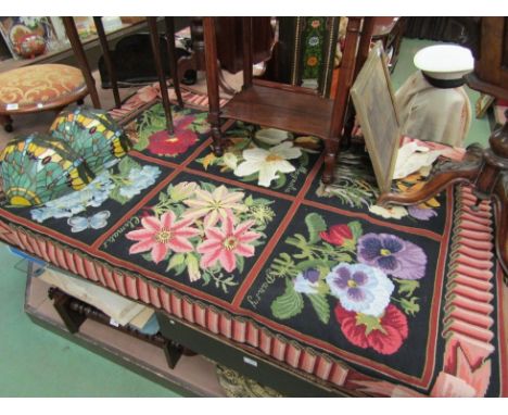 A needlepoint wall hanging tapestry of blooming flowers crocus/pansy/magnolia/clematis/rose and hydrangea with decorative bor