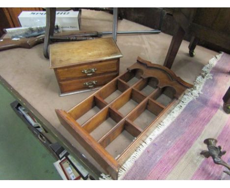 An oak two drawer jewellery box and a nine space wall hanging spice rack 