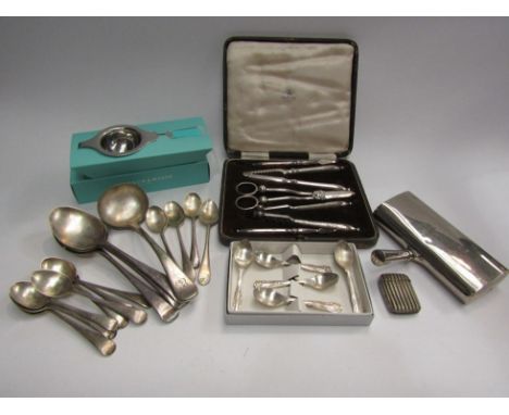 A vintage Mappin &amp; Webb seafood picker and lobster tool set, cased, and a small quantity of white metal items including a