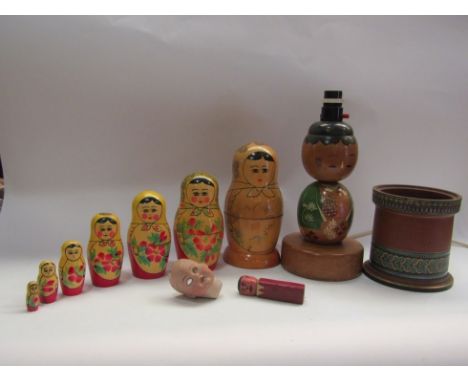 A Russian doll, Russian doll lamp and terracotta decorative pot (3) 