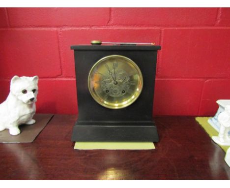 A late 19th/ early 20th Century Rollin of Paris slate mantel clock with brass engraved dial, Roman numerated chapter ring, st