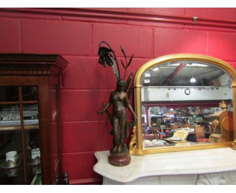 An Art Noveau bronzed spelter figural lamp of a semi-clad female a/f, 77cm tall 
