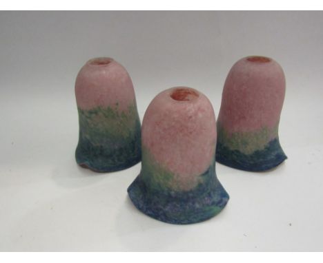 Three 1920's opaque frosted glass lamp shades, pink, green through to blue with wavy rims 