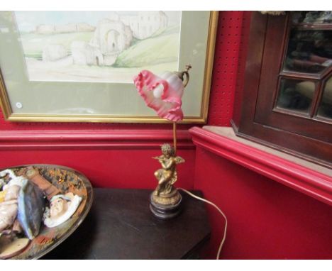 A Victorian gilt cherub lamp base with glass shade, 39cm tall 