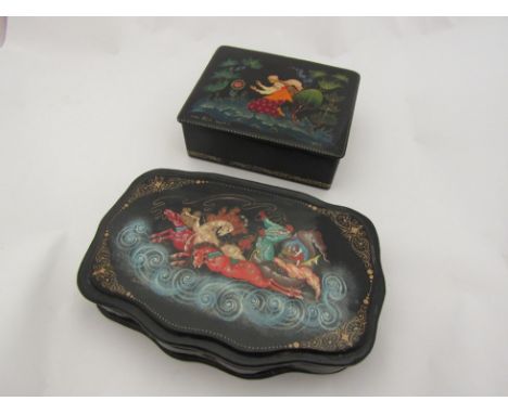Two Russian hand painted papier mache trinket boxes 