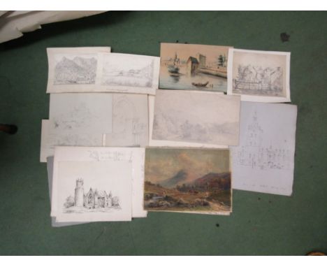 A folio of artwork including churches and architectural, C.1827 watercolours, pen and ink and pencil 