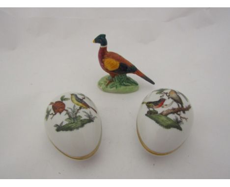 A Beswick pheasant and two Herend egg shaped trinket dishes, with bird decoration 