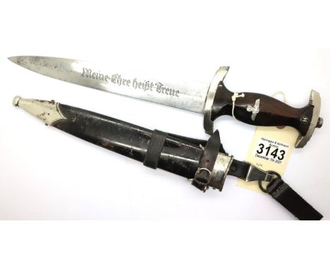 German Third Reich period SS dagger and scabbard, each numbered RZM 1051/38 M7/37 with later replacement, leather frog. P&amp