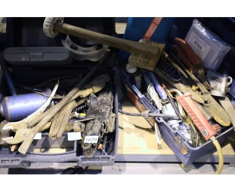 Two boxes of mixed tools to include vintage bottle jack. Not available for in-house P&amp;P, contact Paul O'Hea at Mailboxes 