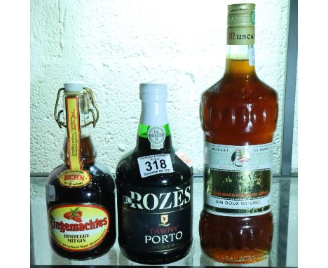 75cl bottle of Muscat De Beaumes De Venise, a 75cl bottle of Rozes Tawny port and a bottle of Eingemachtes (3). P&amp;P Group