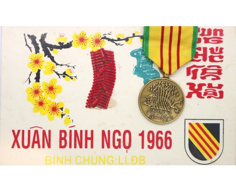 Vietnam War unused TET New Year card c1966 from The Special Forces Group and American Vietnam war service medal.  P&amp;P Gro