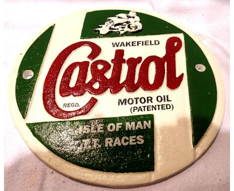 Cast iron Castrol TT Races sign, 23 cm. P&amp;P Group 1 (£14+VAT for the first lot and £1+VAT for subsequent lots) 