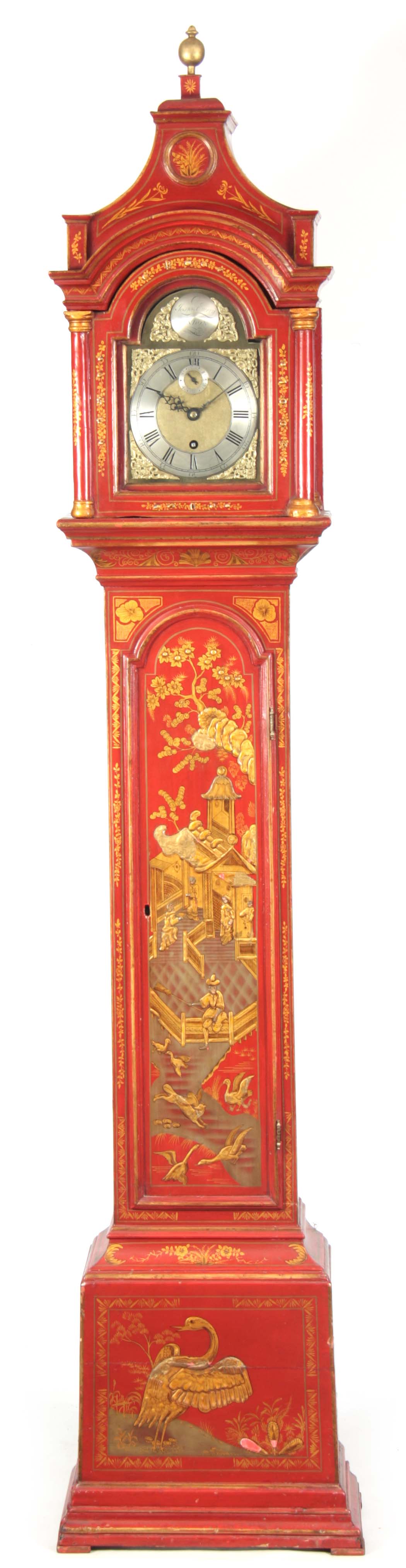 JOSIAH EMERY, LONDON A SMALL III RED LACQUER 8" DIAL LONGCASE