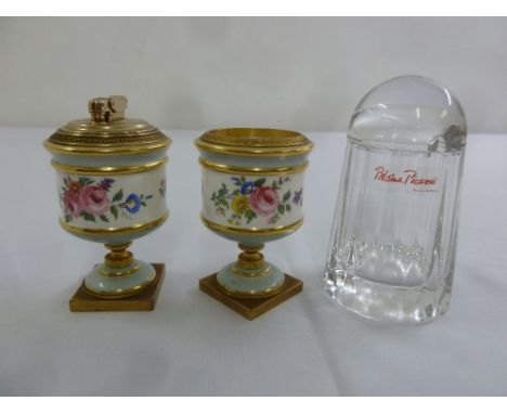 A ceramic smokers set by Halcyon Days, comprising gas lighter and cigarette holder and glass preserve jar signed Paloma Picas