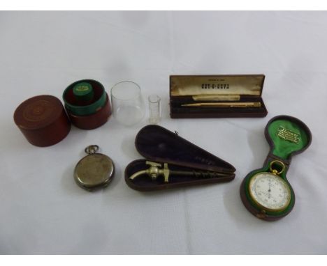 A quantity of collectables to include a wine cask tap, a cased barometer, a pocket watch, a cased glass measure and a Yard-o-